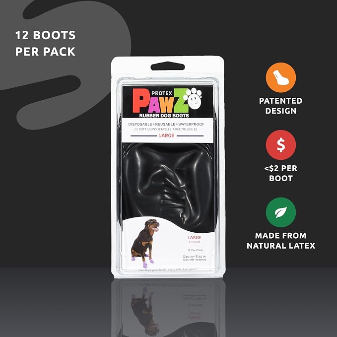 PawZ Rubber Dog Boots for Large Paws - All-Weather Waterproof Dog Shoes, Anti-Slip Traction for Rain, Snow, Mud & Hot Pavement - Pull-On Dog Booties, Black - Large (3"- 4") - Pack of 24