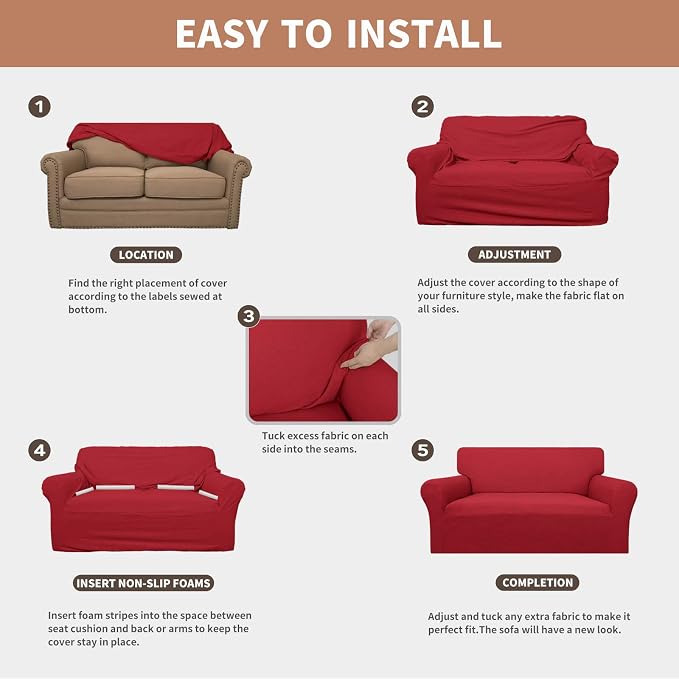 Easy-Going 100% Waterproof Chair Couch Cover, Stretch Jacquard Sofa Cover | Dual Waterproof Sofa Slipcover, Leakproof Furniture Protector for Kids, Pets, Dog and Cat (Loveseat, Christmas Red)