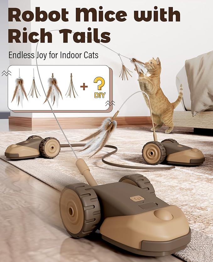 CYROS 3-in-1 Interactive Cat Toy - 2-Speed Automatic Moving Mouse Cat Toys Self Play with 2pcs Hanging Feather String Ribbon and Wiggly Silicone Mice Tail for Bored Indoor Adult Cats Kittens
