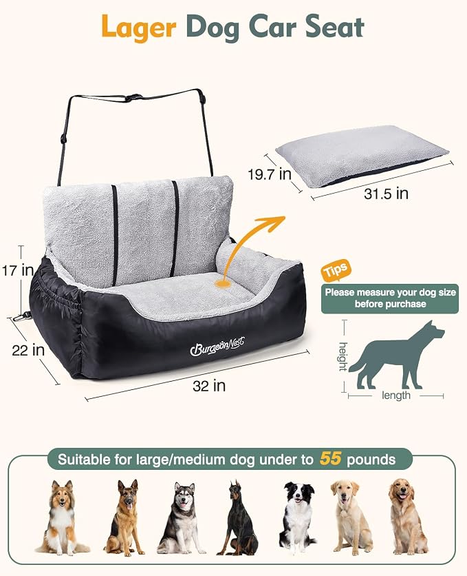 BurgeonNest Dog Car Seat for Small Dogs & Cats Under 55 lbs,Black