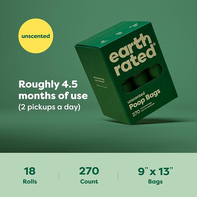 Earth Rated Dog Poop Bags on Refill Rolls, 270 Bags, Unscented | Guaranteed Leak Proof and Extra Thick Waste Bag Refill Rolls