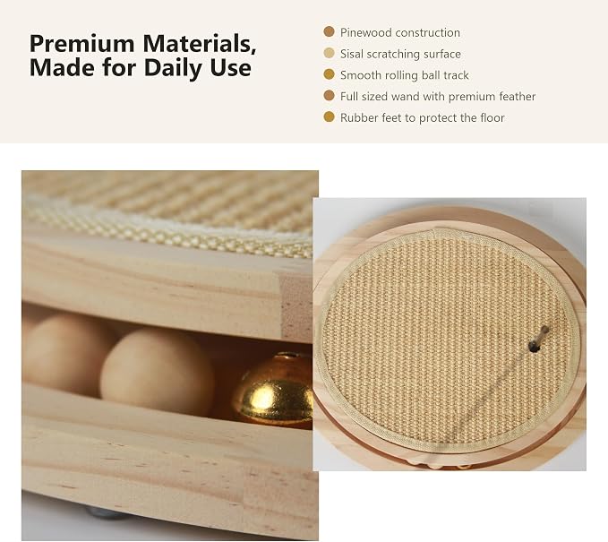 Instinct Wood Play System Cat Scratcher, Oval Wooden Scratching Pad with 3 Ball Track, Long Feather Wand, Catnip and No-Tool Setup, 15 x 13 Inch