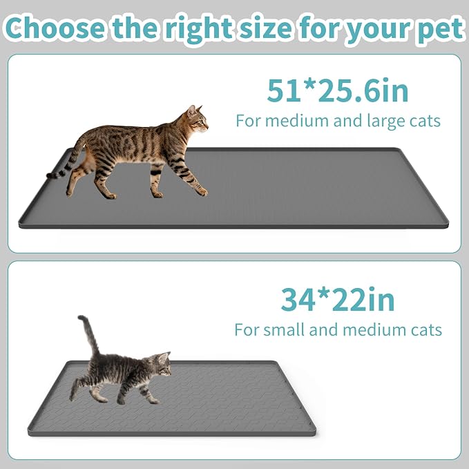 Cat Litter Mat, 51" x 25.6" Silicone Cat Mat for Litter Box, Silicone Cat Litter Box Mat for Scatter Control, Easy Clean, Waterproof and Non-Slip(Grey)