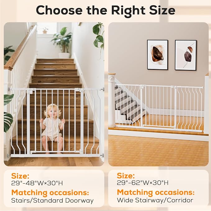 29-53" Baby Gate for Stairs, Baby Safety Essentials, Auto Close Gate for Doorways, Easy Install Pressure Mounted Dog Gate Indoor, Pet Gates for Dogs, White