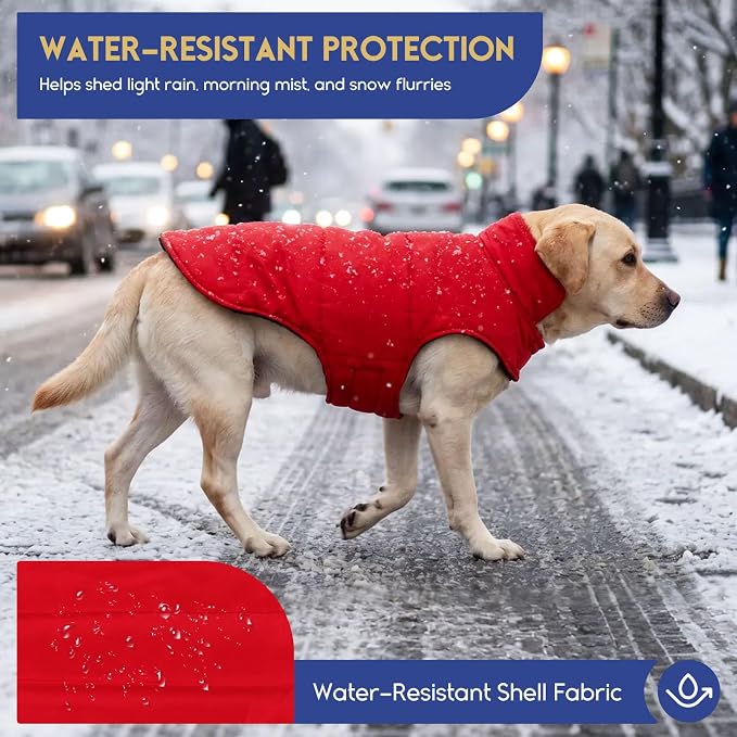 ASENKU Reversible Dog Winter Coat, Dog Jacket for Small Medium Large Dogs | Windproof Plaid Fleece Lining for Cold Weather, Water-resistant Outer Shell, Puppy Puffer Vest with Leash Hole, Red 3XL