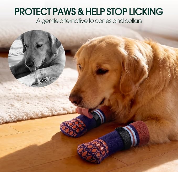 Kuoser Dog Socks for Hardwood Floors Anti Slip, Grippy Socks for Dogs to Prevent Licking Paws, Comfy Booties Dog Anti Scratch Socks Pet Protectors for Jnjured Paw, 4 Pack-L