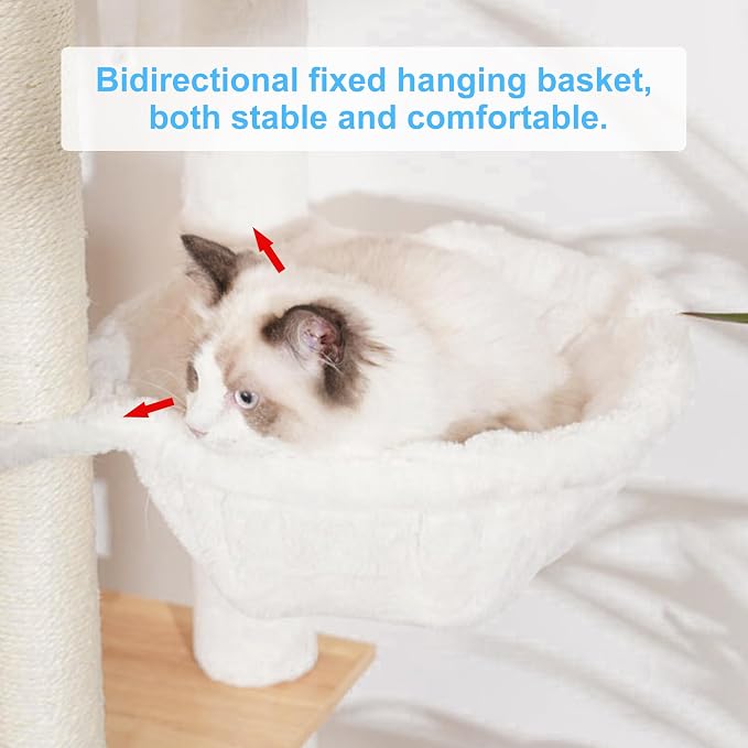Hey-brother Wooden Cat Tree Tower with Hammock for Indoor Cats, MPJ120WB | 66.14 Inches Modern Scratching Post with Large Condo, Plush Top Platform, Cozy Basket, Bed, Hanging Toys, Walnut