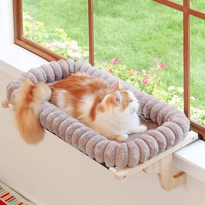 Zakkart SnugCloud Cat Window Perch with 4-Sided Bolster - Orthopedic Cat Hammock for Window Sill - Solid Hardwood & Metal Frame - Window Seat for Pets (Natural Color Wood w/Brown Bed, Large)