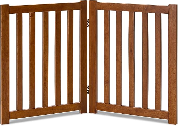 LZRS Wooden Free Standing Dog Gate 40" W x 24" H, Foldable Solid Hardwood Pet Safety Fence for House Doorways, Stairs, Hallways, Step-Over Pet Barrier, No Drill Easy Setup, Brown Oak