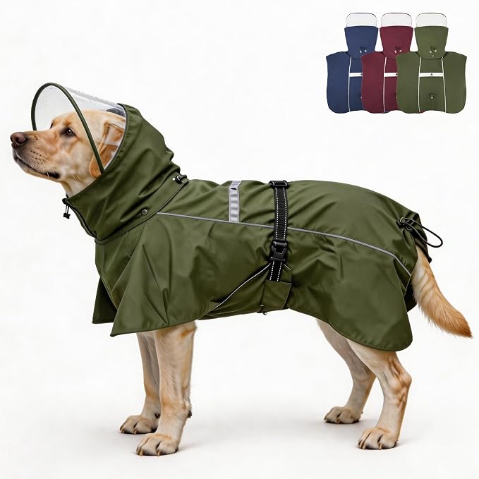 Pet Dog Raincoat Jacket Large Dog Rain Poncho with Transparent Hood, Double-Layer Structure, Adjustable, Waterproof, and Reflective, Suitable for Medium to Large (Army Green, 6XL)