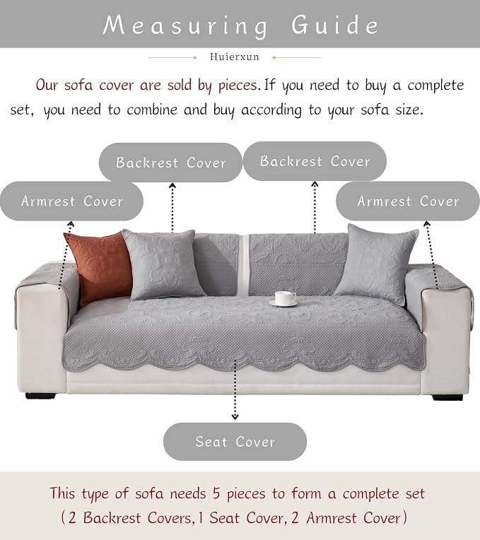 Luxury Vintage Cotton Embroidery Sofa Cover Soft Farmhouse Seat Cushion Cover Floral Quilted Sectional Couch Cover Anti-Slip Sofa Slipcovers Furniture Protector for Dogs Cats (Grey,36"x36")