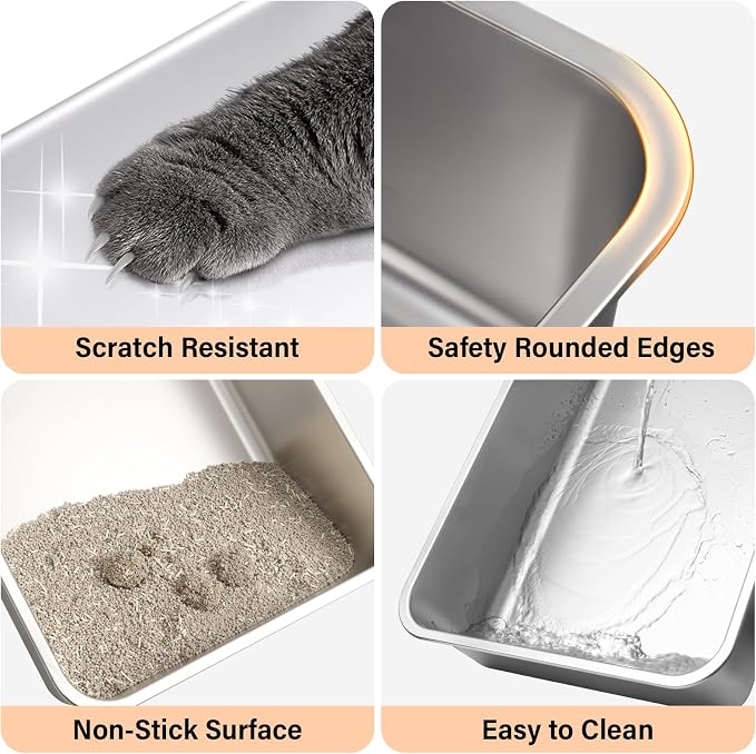 Stainless Steel Cat Litter Box with Lid,XL Metal Litter Box Stainless Steel | Mat & Scoop, Odor-Free/Anti-Leakage & Non-Stick/Easy Clean, High-Sided Litter Box for Multiple Big Cats(XL/Grey)