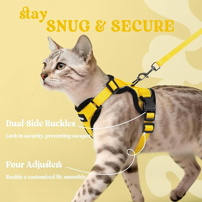 rabbitgoo Cat Harness and Leash Set, Escape Proof Vest, Yellow | Soft Breathable Mesh, Easy Adjustable Fit, Snap Buckles, Sturdy Clip, Reflective Strips, for Medium to Large Cats Walks, M