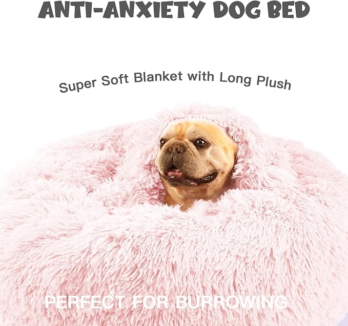 Himax 26in Covered Medium Dog Bed with Blanket Attached Calming Burrow Pink | Anti-Anxiety Donut dog bed with cover, Washable Round Fluffy Pet& Cat Beds