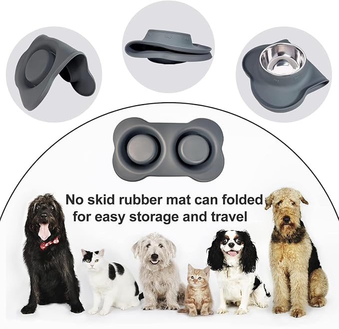 AsFrost Dog Food Bowls, BPA Free Stainless Steel Dog Food and Water Bowl Set, 2 Large Dog Bowls with No Spill Non-Skid Silicone Mat, Dog Dishes for Medium Large Sized Dogs Pet Bowls, 6 Cup, Grey