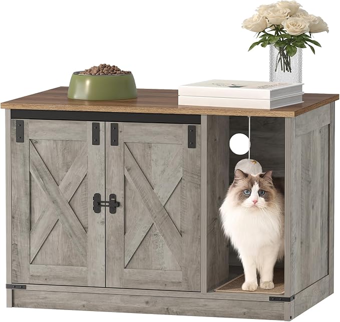 Hzuaneri Cat Litter Box Enclosure, Hidden Litter Box Cabinet Furniture | Indoor Cat House with Bell, Farmhouse Style, 31.5 x 19.7 x 20.9 Inches, for Hallway, Bedroom, Light Ivory and Brown CB82405X