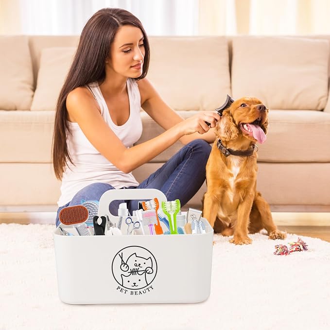 Minimalist White Dog Cat Grooming Supplies Organizer, Portable Caddy with 5 Compartments
