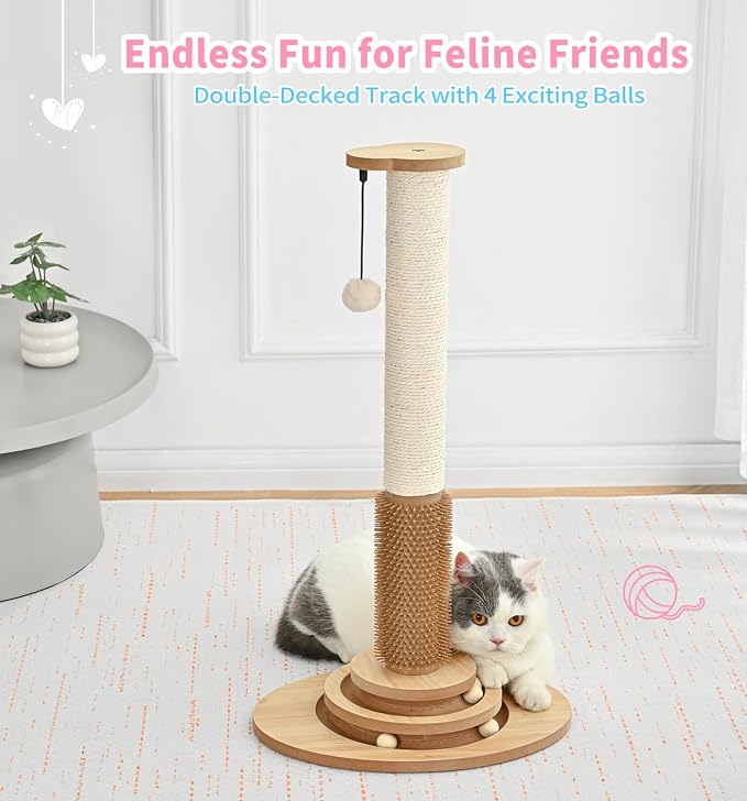 Made4Pets Cat Scratching Post for Indoor Cats with Self Groomer, 28.3" | Cat Scratcher with Natural Sisal Rope, Stable Base and Interactive Ball Track, Cat Toys for Medium and Large Indoor Cats