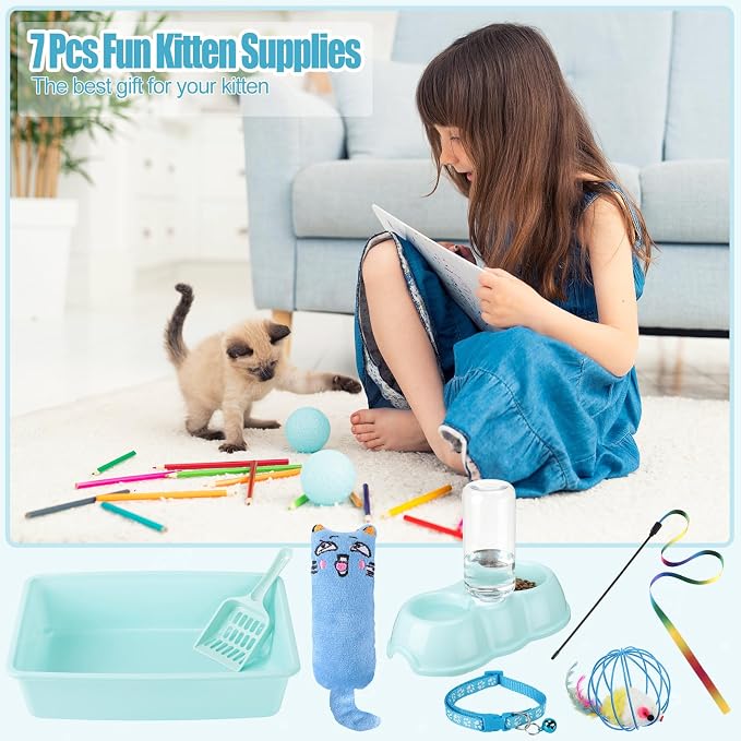 7 Pcs Small Cat Kitten Starter Kit Cat Litter Box with Shovel Paw Litter Mat Double Automatic Kitten Bowls Toy Teaser Stick Collar Essentials Kits for 1-3 Lbs Beginner(Simple,Blue)