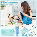 7 Pcs Small Cat Kitten Starter Kit Cat Litter Box with Shovel Paw Litter Mat Double Automatic Kitten Bowls Toy Teaser Stick Collar Essentials Kits for 1-3 Lbs Beginner(Simple,Blue)