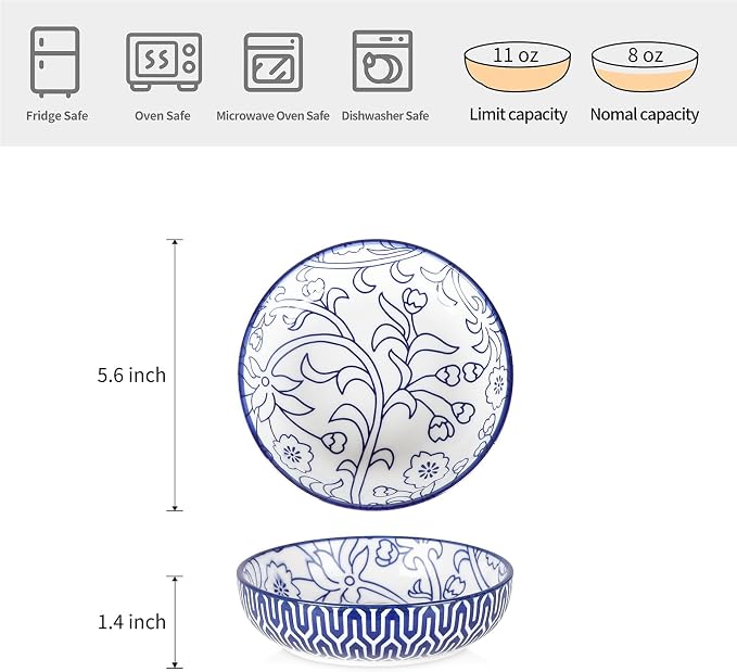Selamica Ceramic Cat Bowls, 5.6 Inch Wide Shallow Cat Food Bowl/Dishes for Food and Water, Whisker Friendly, Set of 6, Vintage Blue