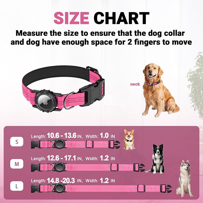 AirTag Dog Collar and Leash, IP68 Waterproof Integrated with Reflective, Ultra-Durable, Comfortable Padded, Heavy Duty Dog Collars for Small Medium Large Dogs, L (14.8"-20.3"), Pink