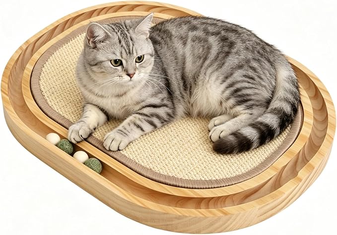 Sisal Cat Scratcher Toy, Natu sisal cat Scratching pad, Ball Track Wooden Interactive Cat Toy Ball, Catnip Ball, for Cats Chasing, Hunting, Mental Physical Exercise Puzzle