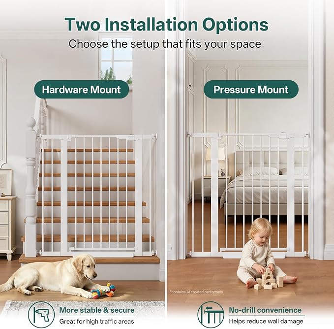 InnoTruth 27-36.6 in Wide x 35.5 in High Extra Tall Baby Gate, White | Indoor Metal Dog Gate for Stairs and Doorways, Auto Close Walk Through Door for Pets, Double Lock, Pressure or Hardware Mount