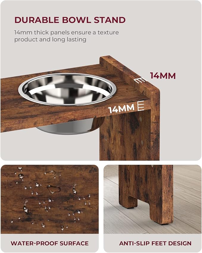 Vantic Elevated Dog Bowls, Raised Bowl Stand Adjustable Small, Rustic Brown | Particle Board Raised Feeder with 2 Stainless Steel Bowls, Adjustable Height for Small Puppies and Cats
