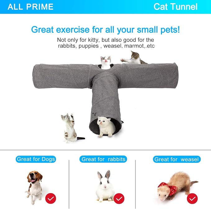 Ownpets 10" Large Cat Tunnel 3-Way T-Shape Oxford Fabric for Large Cat | Silent oxford fabric no noise, expandable 3-channel design, with plush ball ,feather wand, peek hole, for multi-cat household