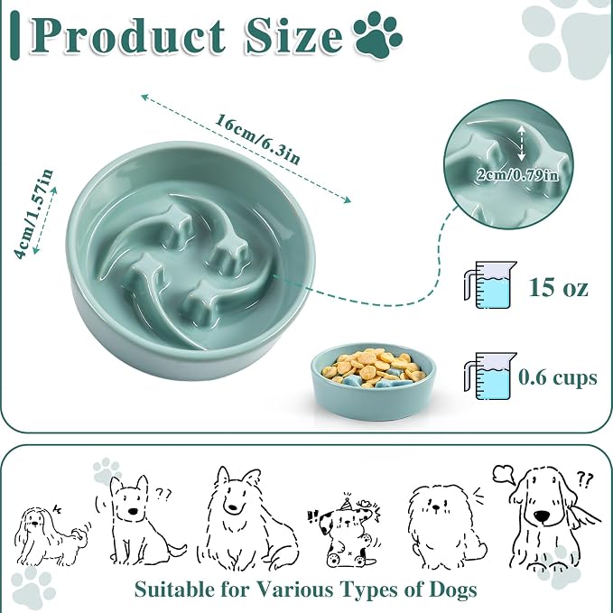 Ceramic Slow Feeder Dog Bowls, 0.6 Cups Dog Food Dish for Small Breed | Puzzle Dog Food Bowl for Fast Eater, 15OZ, 6.3 inch (Light Green)