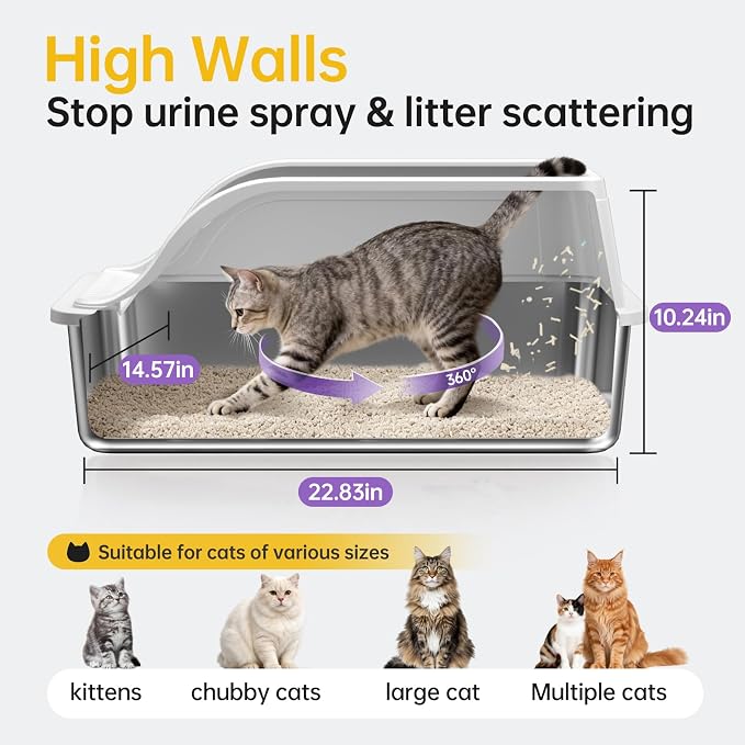 Stainless Steel High Sided XL Cat Litter Box, 2 Pack | High-sided design prevents urine leakage. Non-stick and easy to clean. Includes scoop (Gray)