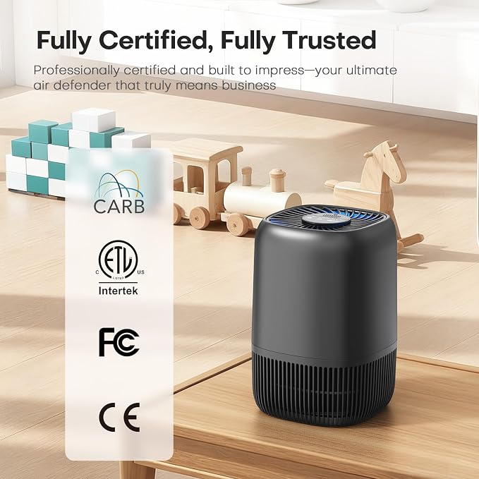 VOOPNU Air Purifiers for Bedroom, High Efficiency Filter, 1076 Ft², Black | for Pet Hair Odors Pollen Smoke, with 3 Speeds Timer Aroma 22dB Quiet 360°Intake, Compact Air Cleaner for Home Dorm Room