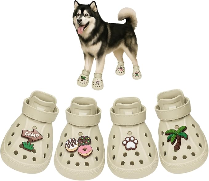 Dog Shoes,Non-Slip Waterproof Sandals for Hot Pavement, Breathable Perforated Boots,Adjustable Straps Dog Rain Booties for Summer Beach and Rainy Day(Beige,#8)