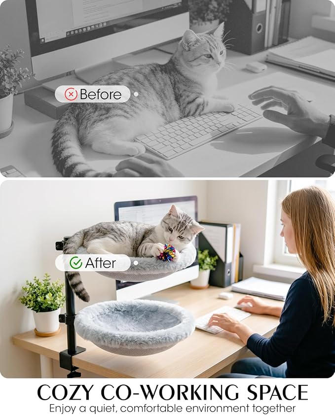 2-Tier Cat Desk Bed, Purrlato Lockable 360° Swivel, Steel Frame, 15.7-Inch | for Large Cats, Adjustable Clamp 0.5-3", Dual-Sided Cushion, 11-14" Height, No-Drill Mount, Machine Washable, Anti-Slip Base