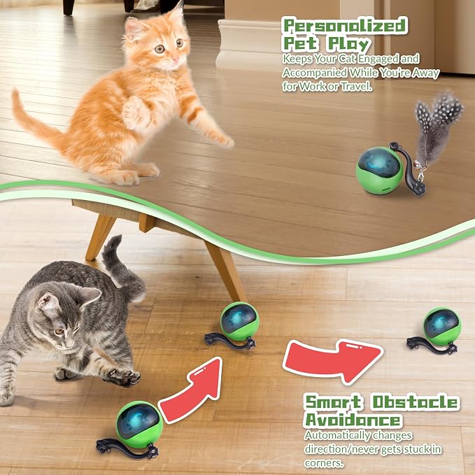Interactive Cat Toy Ball, Automatic Self-Rolling Cat Toy with Feather Tail, Rechargeable Smart Cat Ball for Indoor Cats（Dark Green）