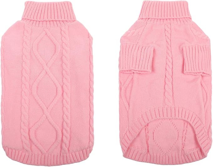 Queenmore Small Dog Pullover Sweater, Cold Weather Cable Knitwear, Classic Turtleneck Thick Warm Clothes for Chihuahua, Bulldog, Dachshund, Pug, Yorkie (Pink, X-Small)