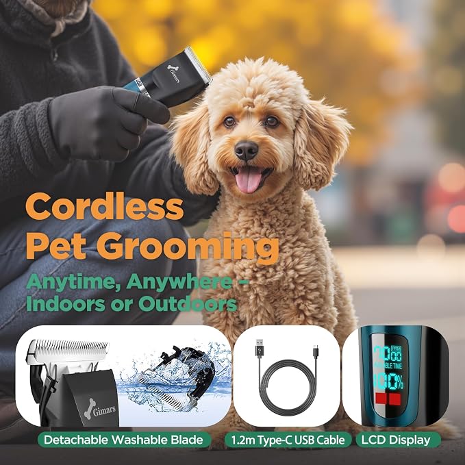 Gimars 4 in 1 Powerful 7000RPM Dog Clippers for Grooming with Replacement Blade, Professional Cordless Low Noise 55dB Pet Clippers, Dog Hair Clipper and Dog Shaver Kit for Thick Hair, Cat and Horse