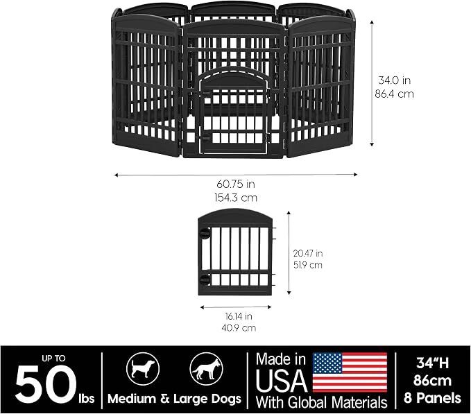 IRIS USA 8-Panel Dog Playpen, Pet Enclosure, Black | Pet Containment, Multi-Shape Setup, Flexible Boundary, Custom Pen Configuration, Tool-Free Assembly, Secure Door Latch
