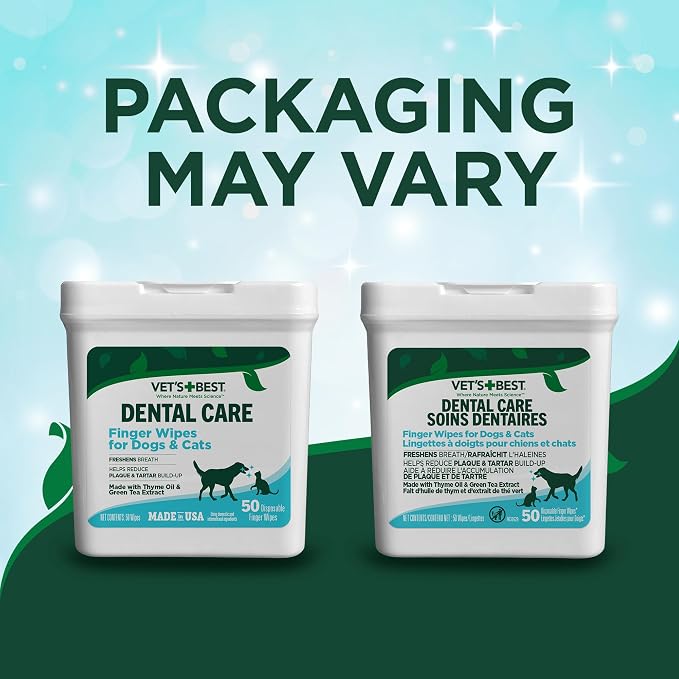 Vet's Best Finger Dental Wipes for Dogs & Cats, Fresh Breath, 50 Count | Finger Dental Wipes, Helps Remove Plaque & Tartar, Freshens Breath, Dog Dental Care, Gentle Oral Care for Dogs & Cats