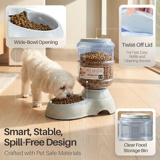 Flexzion Automatic Pet Feeder & Waterer Set of 2 Pack, Self Feeding Replenish Dog Cat Bowls, Gravity Food & Water Storage Container Fountain Jug Pet Supplies Plastic Skid Proof Rubber Feet (1 Gallon) | Self-replenishing dry food station with non-skid f...