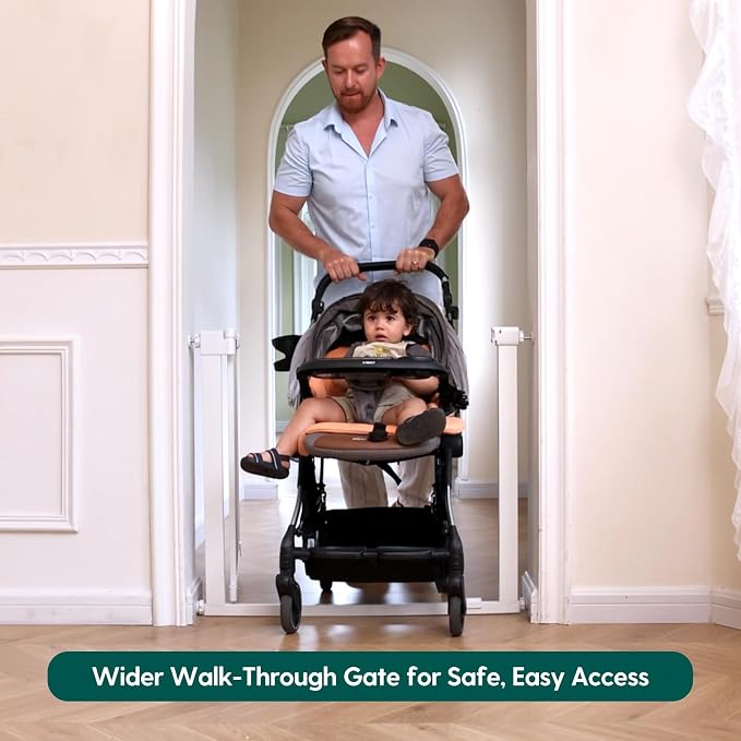 Babelio Baby Gate for Doorways and Stairs, 31-36" Pet Gate with Wide Door | Pressure/Wall Mount; Triple-lock System; Auto-close; 200N Impact Tested; Easy Install for Doorways, Kitchen, Hallway, White