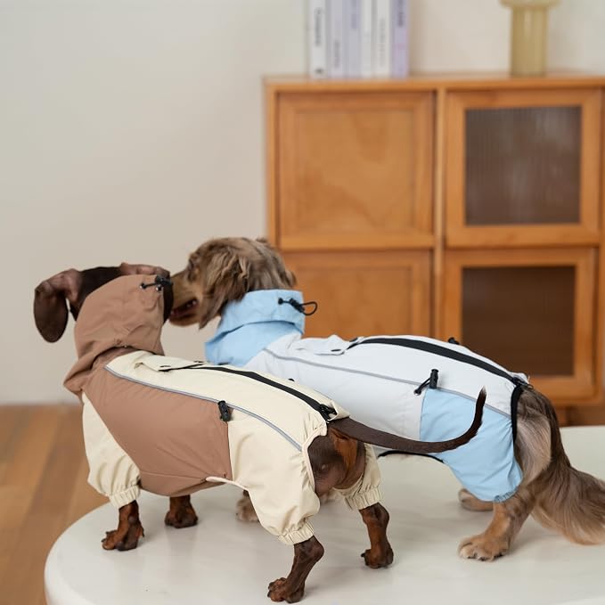 Dachshund Dog Raincoat with Legs, Waterproof Full Body Jacket, Hooded Outdoor Windbreaker for Small & Medium Dogs, Mini Dachshund Puppy Coat (Brown,M(13-17 lbs))