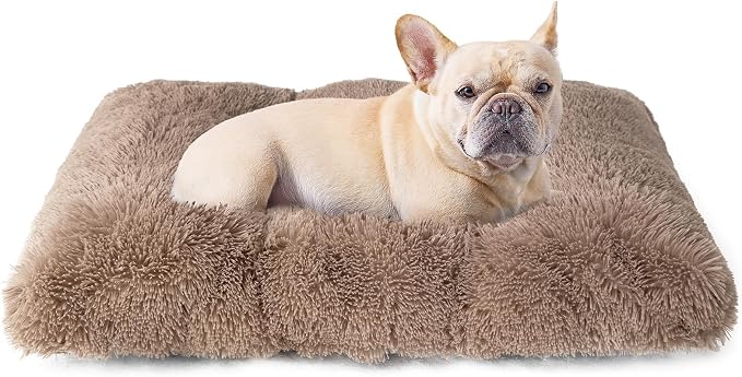 EHEYCIGA Fluffy Dog Crate Bed for Medium Dogs, Plush Faux Fur Crate Pad, Calming Anti Anxiety Medium Dog Bed for Crate, Washable Soft Warm Mat with Non-Slip Bottom, Camel