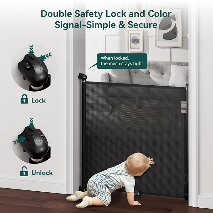 Babepai Retractable Baby Gates for Stairs, Retractable Dog Gate for Indoor/Outdoor Use | Child Gates for Doorways, Deck, Porch, Hallways, Patio (Black, 72" Wide × 34" Height)