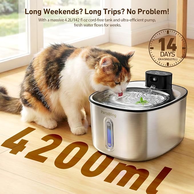 PartsBling Stainless Steel Cat Water Fountain, 4.2L/142 oz | Cordless Pet Water Fountain with Sensor, 5000mAh Rechargeable Battery, Ultra Quiet, 4 Filters, for Cats & Small Dogs, Black