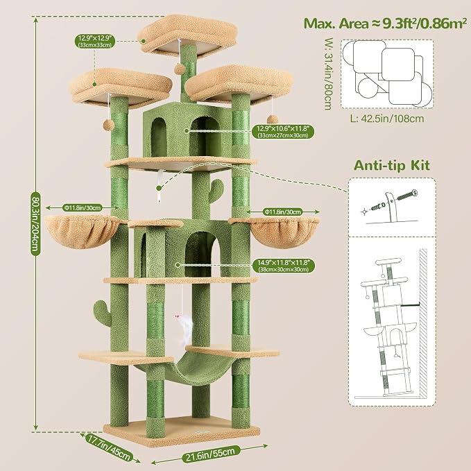 Globlazer Big Cactus Cat Tower for Indoor Cats, 80inch Cat Tower for Multiple Adult Cats XXL Cat Tree with Scratching Post, Hammock, 3 Perches, 2 Condos, 2 Hanging Basket, F80, Green