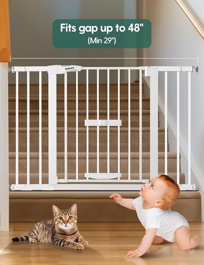 Babelio 29-48" Extra Wide Baby Gate with Cat Door, Auto Close Metal Pet Door for Stairs, Doorways, House, Pressure/Hardware Mounted, Easy Walk Thru, White | Auto-Close Metal Pet Door for Stairs, Doorways & House, Pressure/Hardware Mounted, Easy Walk Th...