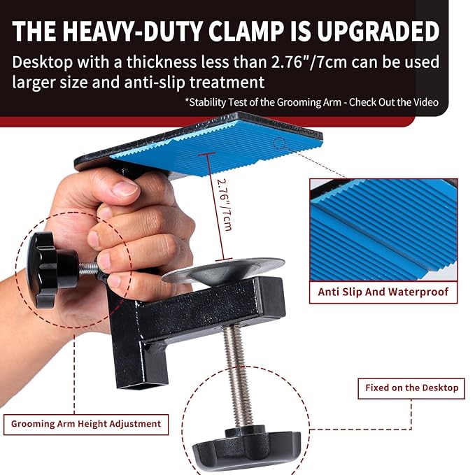 Dog Grooming Table Arm with Hammock - Adjustable Height, Pet Grooming Hammock, No Sit Haunch Holders, Loop Noose Heavy-Duty Clamp (Black)
