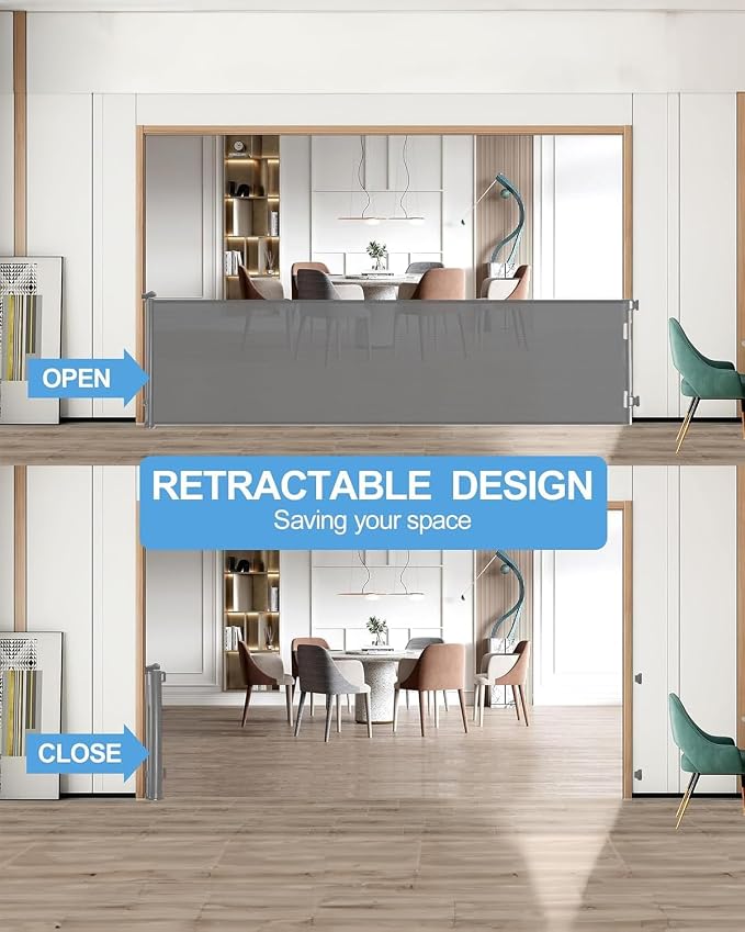 Veraste Retractable Baby Gate,Mesh Baby Extra Wide Gate,Extra Long Dog Gate,33" Tall,Large Extends up to 150" Wide,Child Safety Extra Large Gate for Doorways, Stairs, Indoor/Outdoor（Grey,33"x150"）